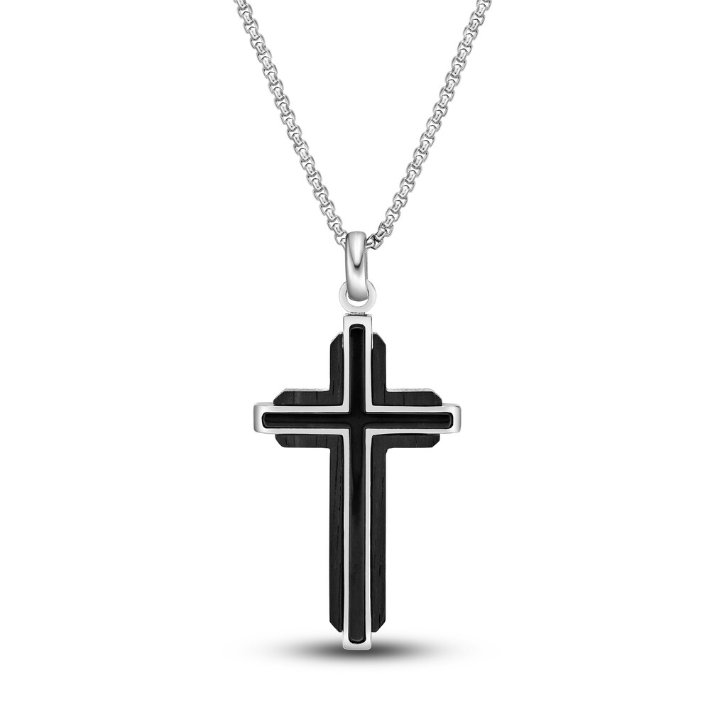 Men\'s Black Wood Cross Necklace Stainless Steel 24\" aS9jI6XE