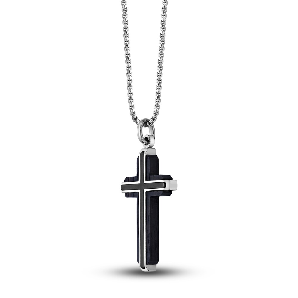 Men\'s Black Wood Cross Necklace Stainless Steel 24\" aS9jI6XE