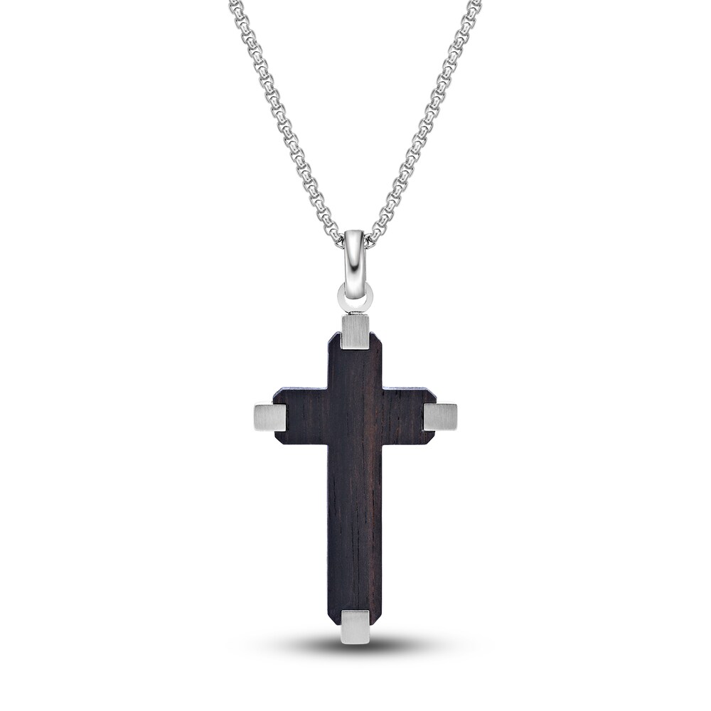 Men\'s Black Wood Cross Necklace Stainless Steel 24\" aS9jI6XE