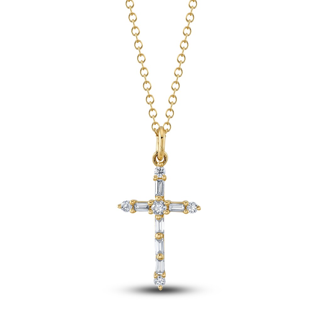 Shy Creation Diamond Cross Pendant Necklace 1/8 ct tw Baguette/Round 14K Yellow Gold 18" SC55024397 bXoYn5jc