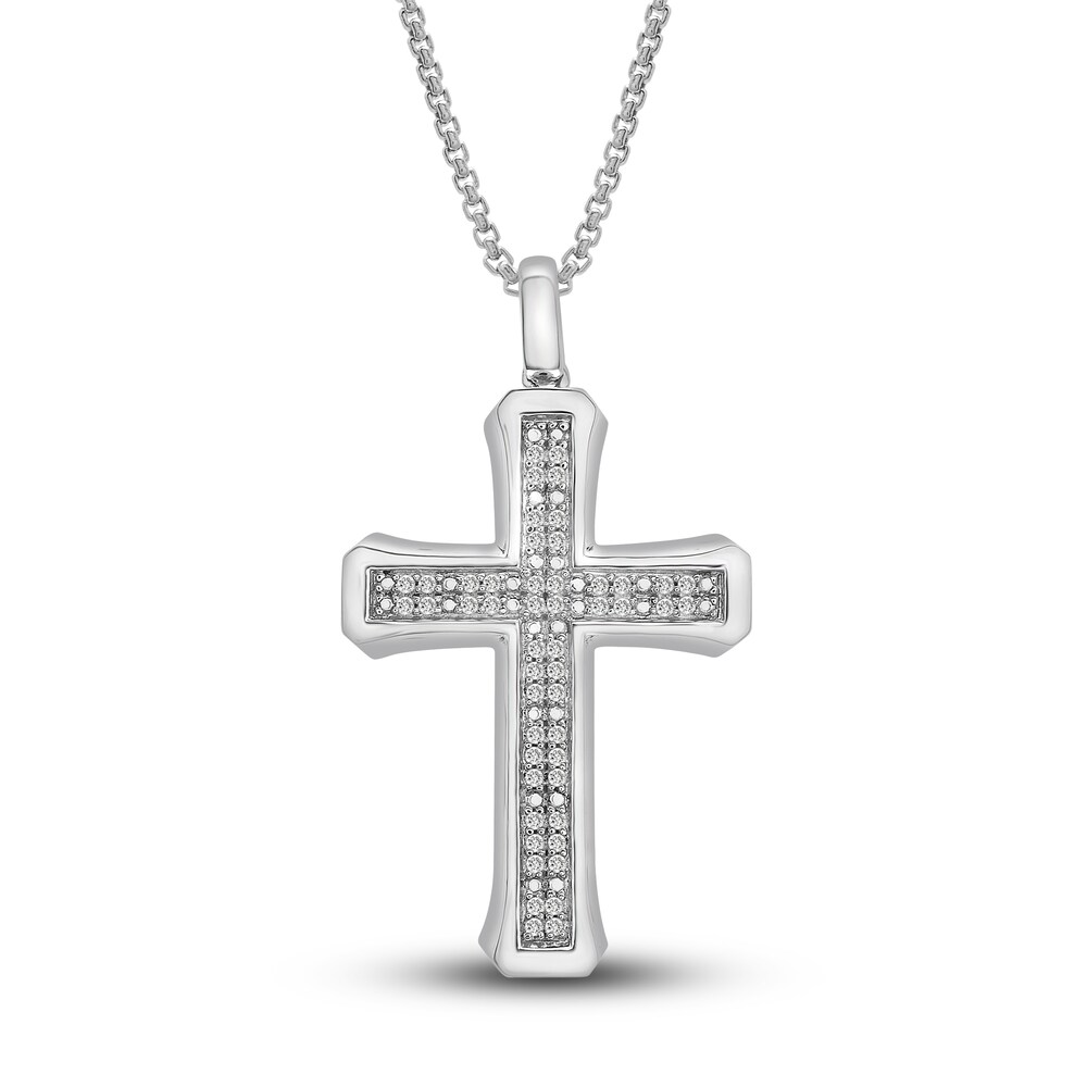 Men's Diamond Cross Pendant Necklace 1/4 ct tw Round Sterling Silver 22" cYqaGXJW