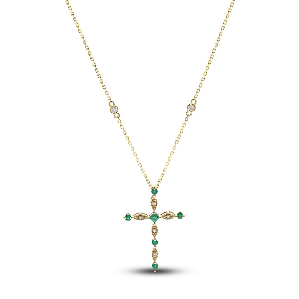 Natural Emerald Cross Pendant Necklace 1/15 ct tw Diamonds 14K Yellow Gold 18\" cxxTtTtC