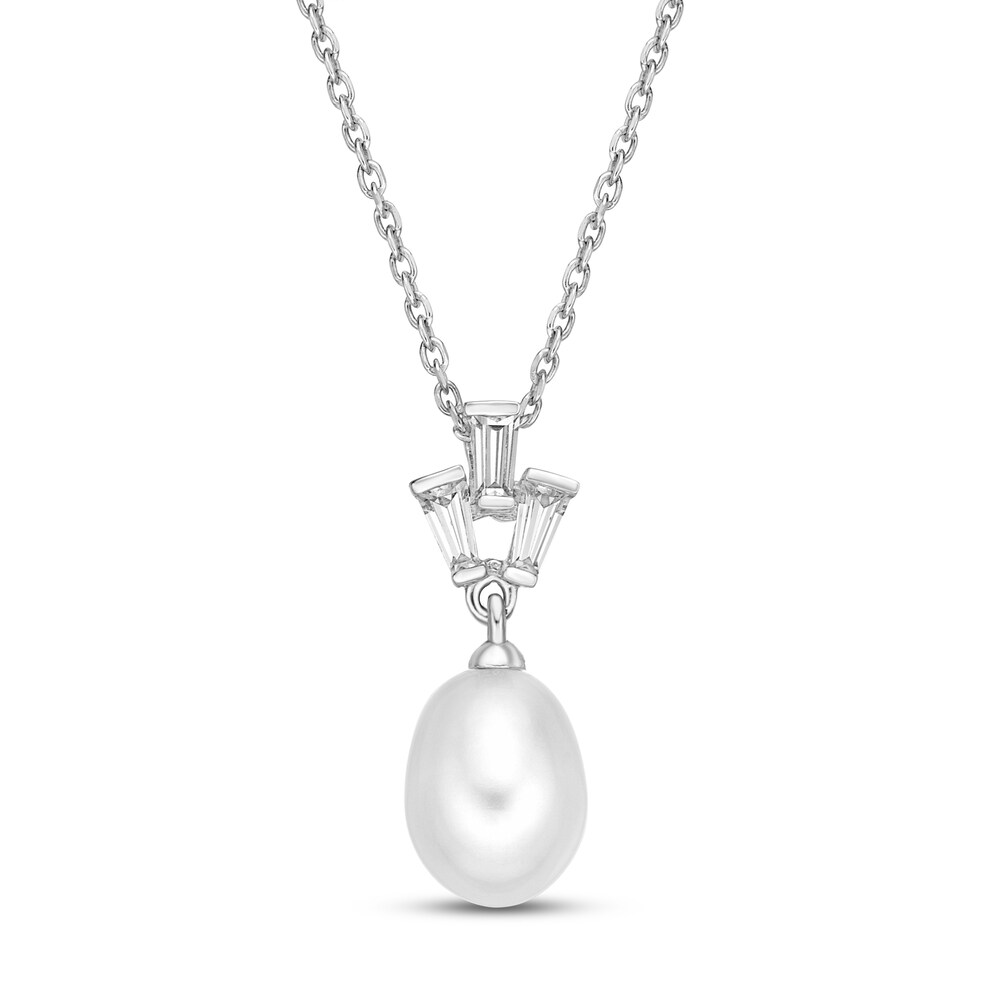 Cultured Pearl & Lab-Created White Sapphire Pendant Sterling Silver 18\" e76O7E0Y