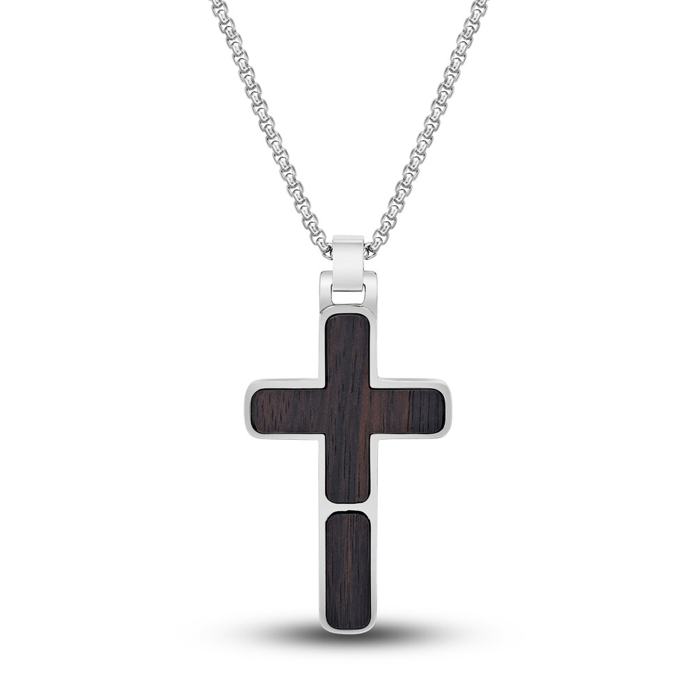 Men's Wooden Cross Necklace Stainless Steel 24" eS5re26n