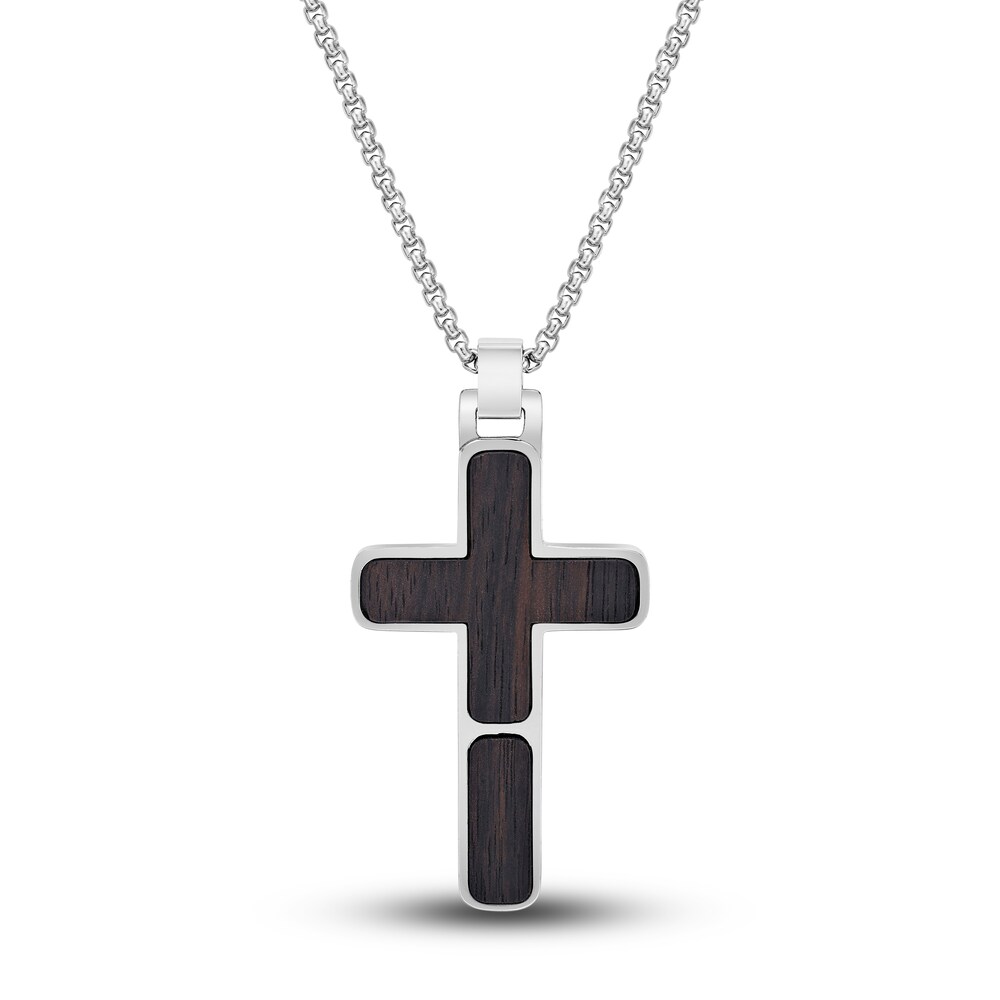 Men\'s Wooden Cross Necklace Stainless Steel 24\" eS5re26n