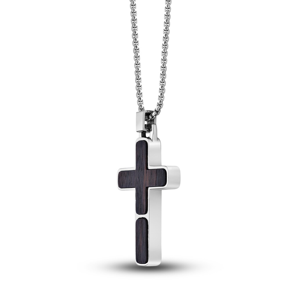 Men\'s Wooden Cross Necklace Stainless Steel 24\" eS5re26n