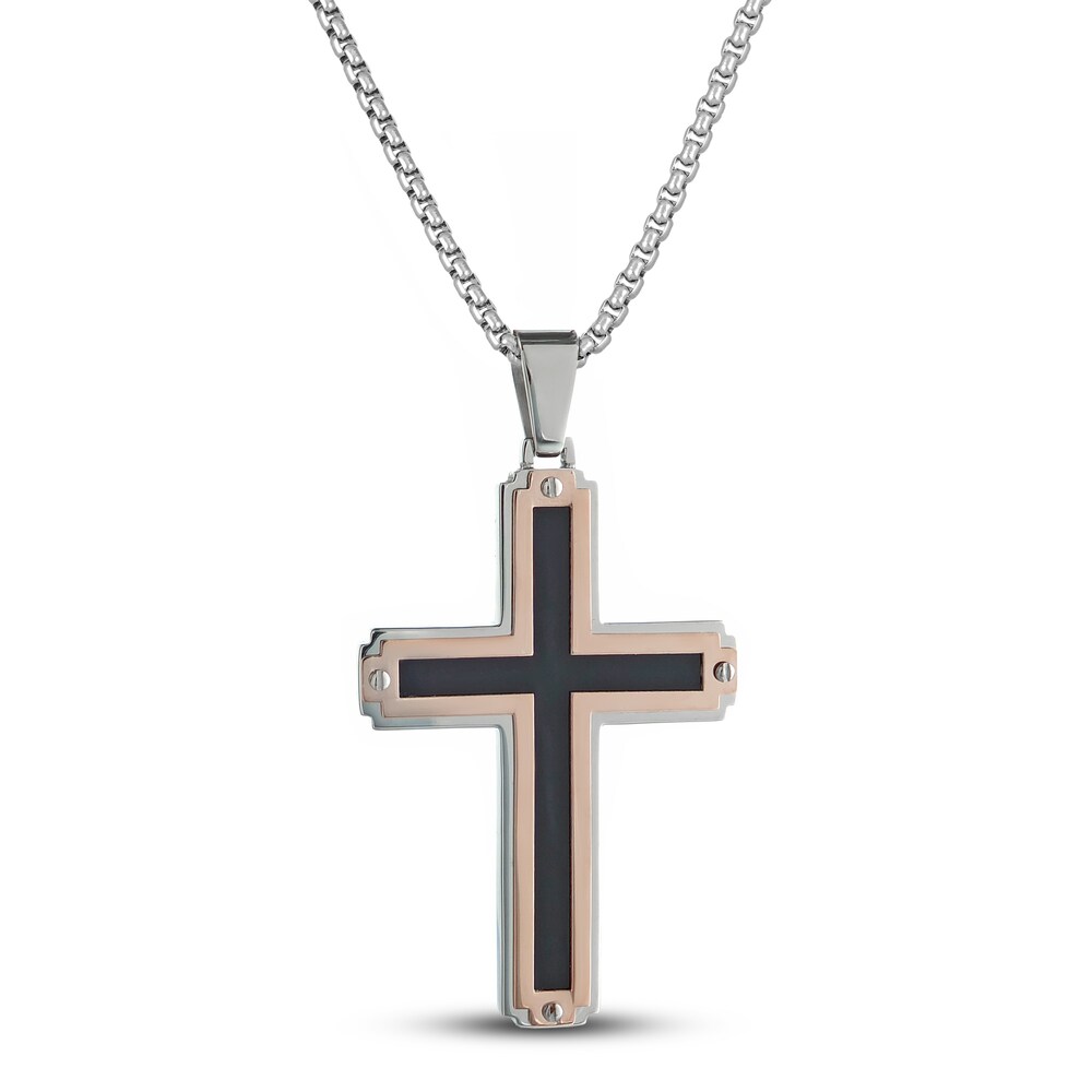 Cross Necklace Rose Ion-Plated Stainless Steel 24" f4UsWLMT