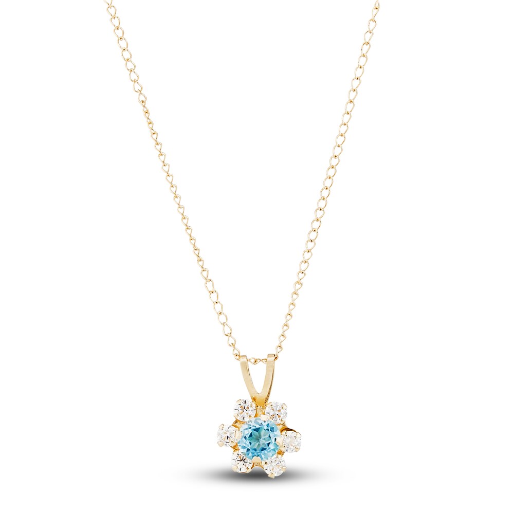 Natural White & Blue Topaz Flower Pendant Necklace 14K Yellow Gold 13" fA8aAl3B