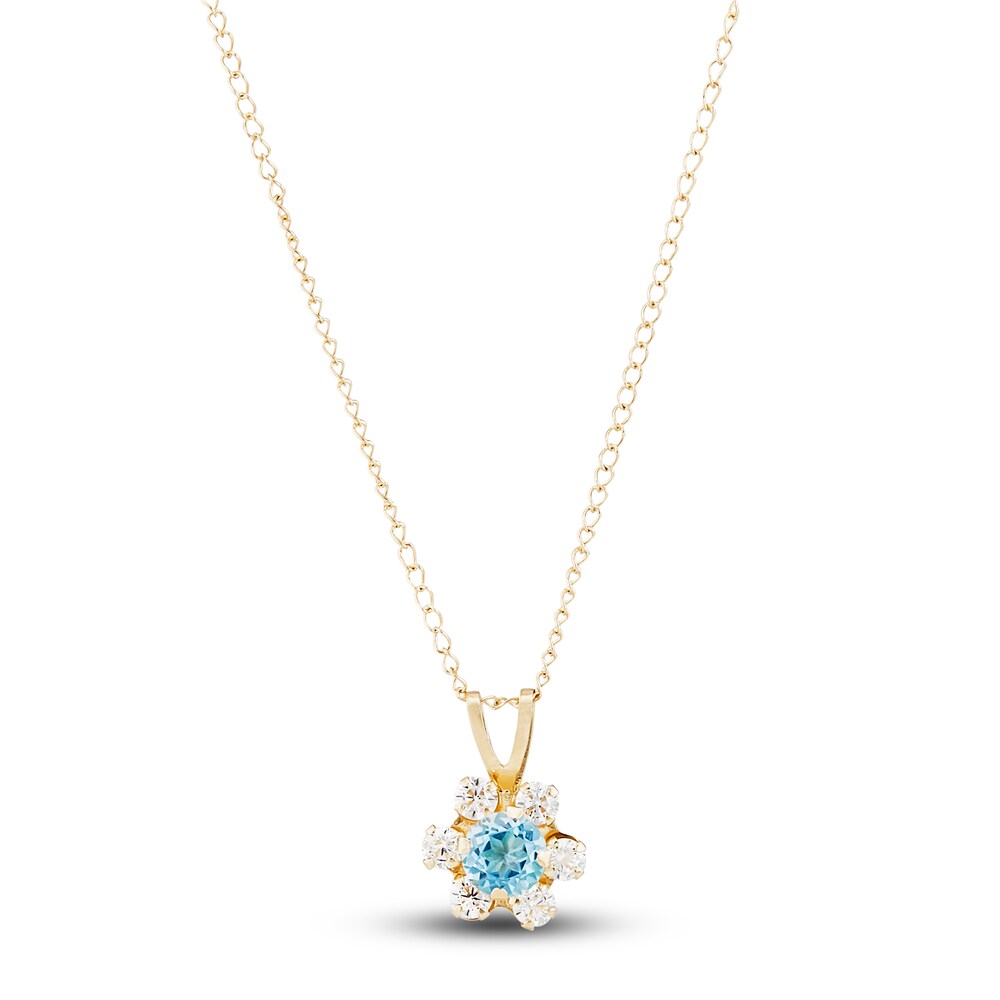 Natural White & Blue Topaz Flower Pendant Necklace 14K Yellow Gold 13\" fA8aAl3B