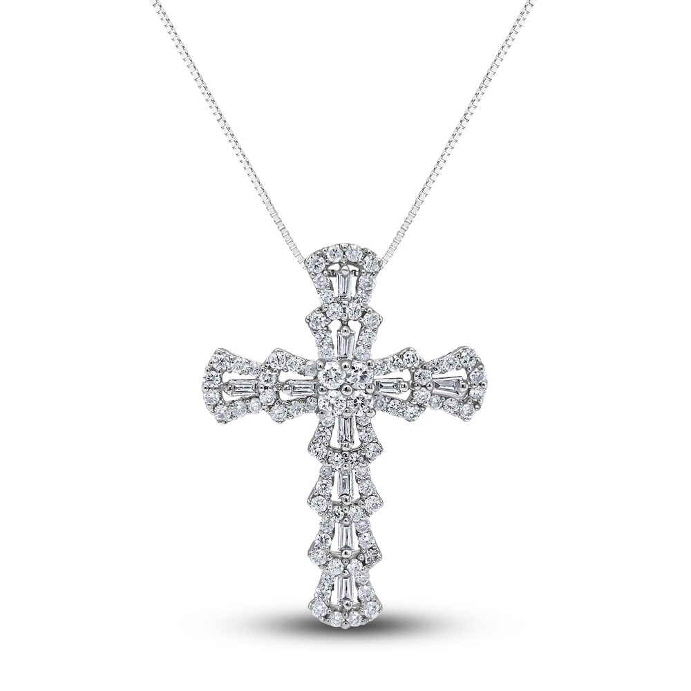 Diamond Cross Pendant Necklace 1-1/4 ct tw Round/Baguette 14K White Gold 18\" ff9IDenI