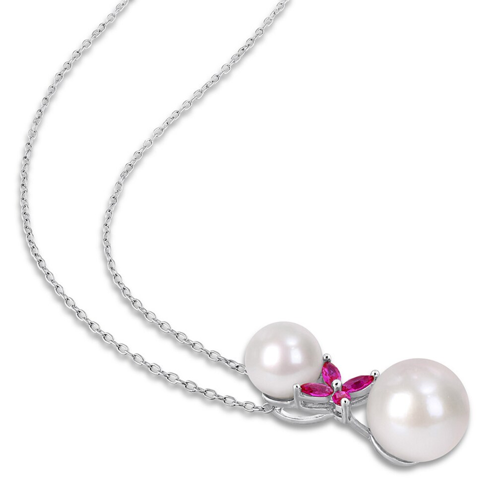 Cultured Pearl & Lab-Created Ruby Necklace Sterling Silver fnTuj7dx