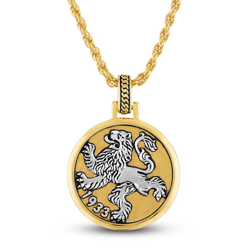 Men\'s Lion Pendant Necklace Sterling Silver/18K Yellow Gold-Plated 22\" gict7BJC