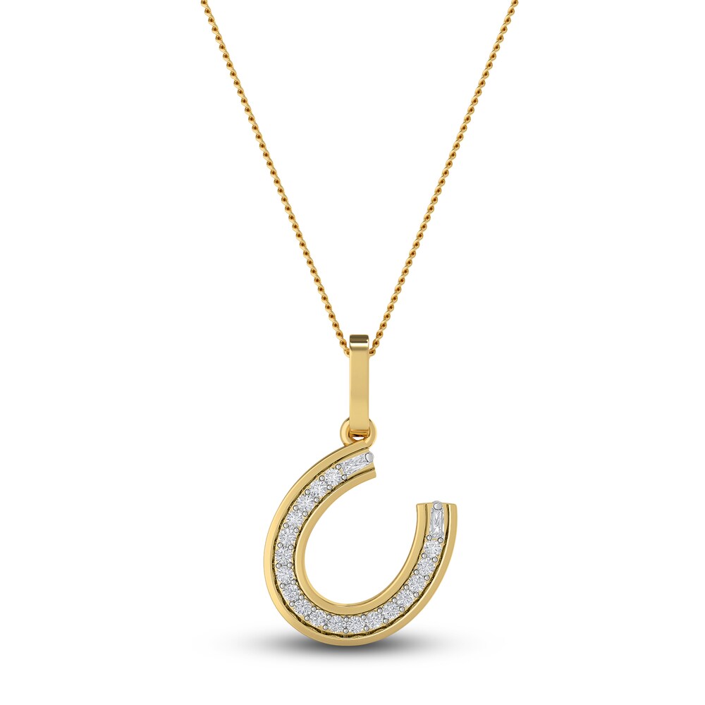 Diamond Horse Shoe Pendant Necklace 1/10 ct tw Round/Baguette 10K Yellow Gold 18" hHMMV1tf