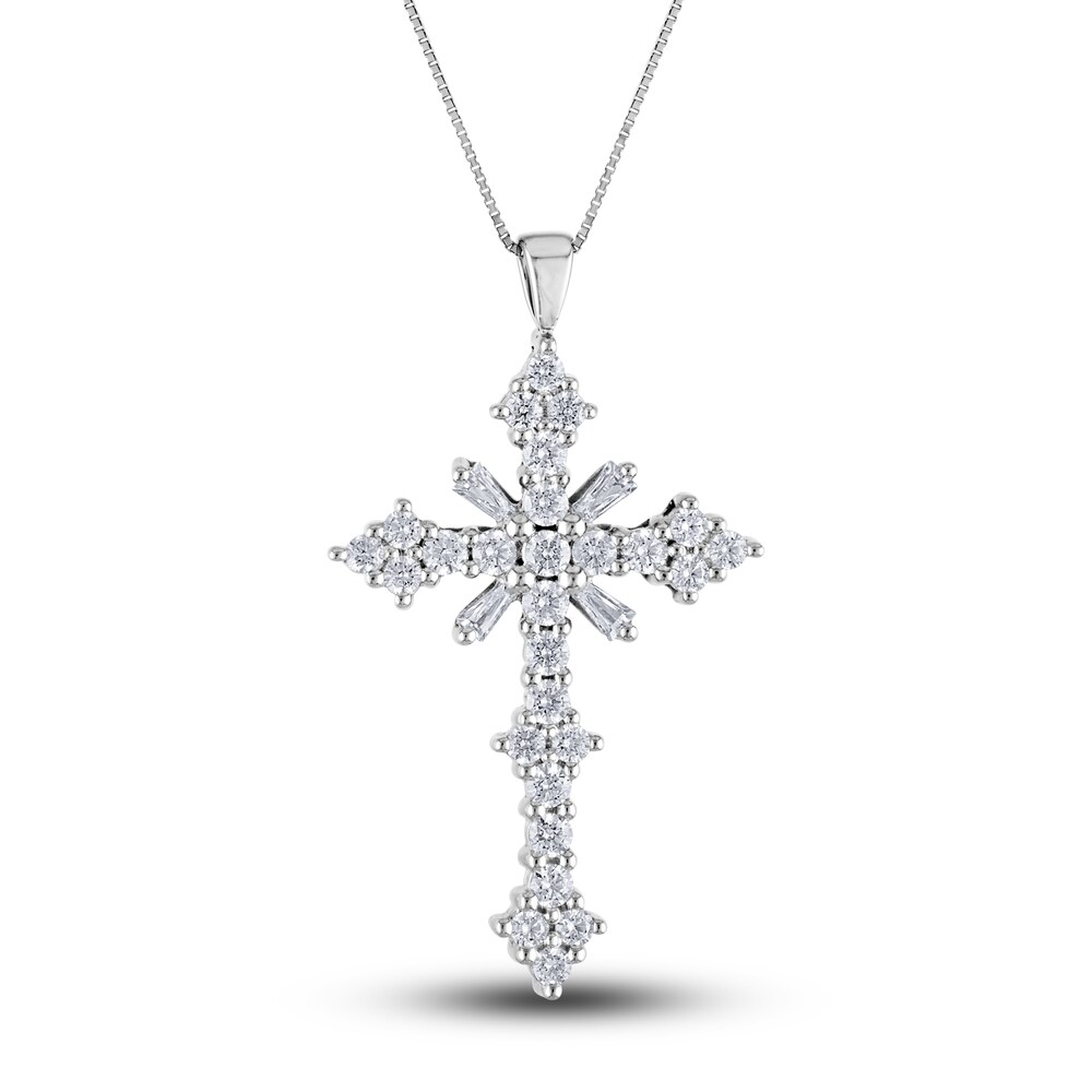 Diamond Cross Pendant Necklace 1/2 ct tw Round/Baguette 14K White Gold 18" hfMjPcla