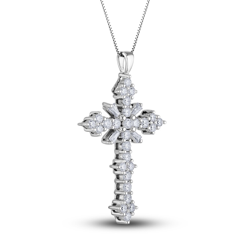 Diamond Cross Pendant Necklace 1/2 ct tw Round/Baguette 14K White Gold 18\" hfMjPcla