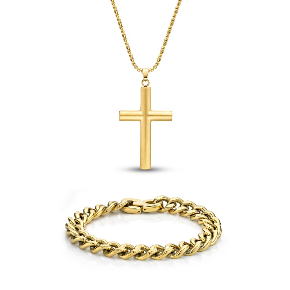 Men\'s Cross Chain Necklace/Bracelet Set Gold Ion-Plated Stainless Steel i8fvtpWT