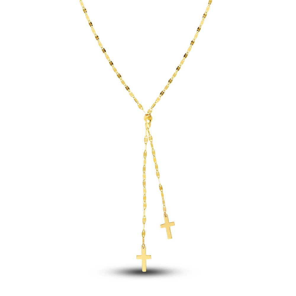 Double Cross Lariat Necklace 14K Yellow Gold 16" klerXdt2