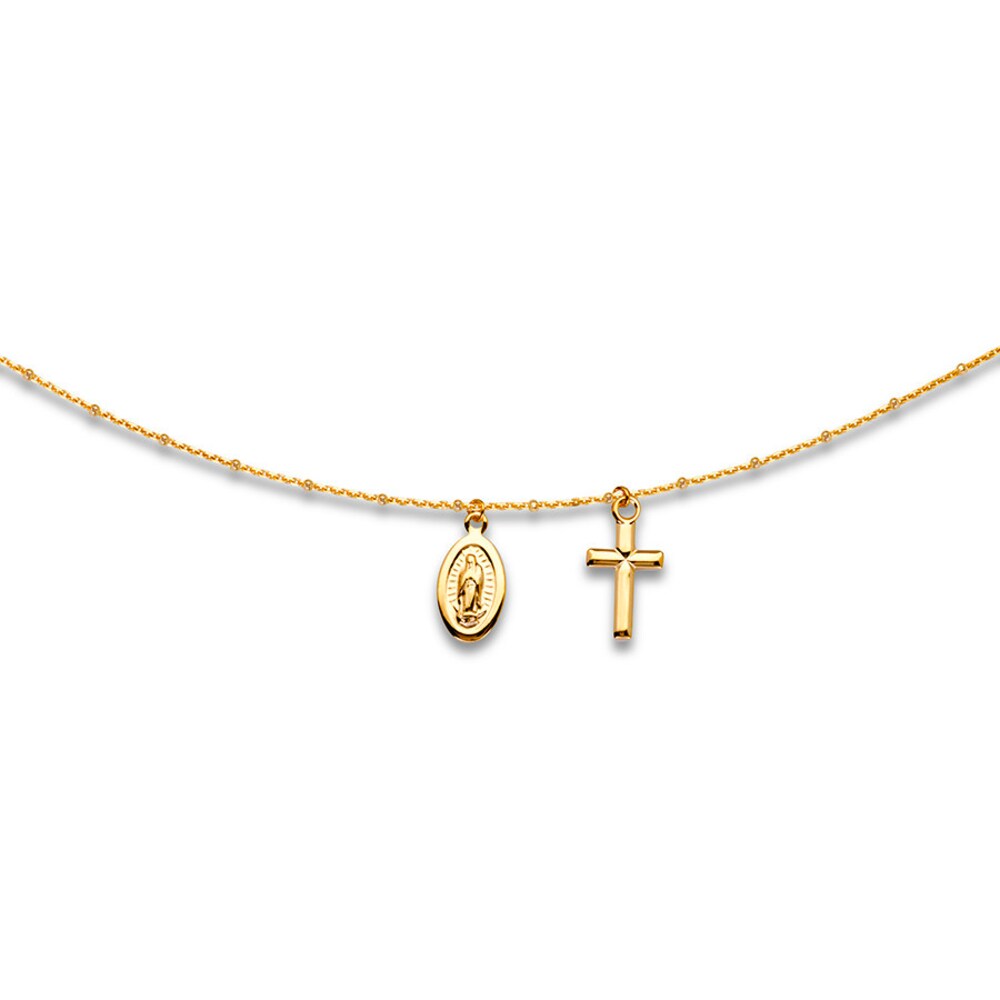Virgin Mary & Cross Choker Necklace 14K Yellow Gold 16" Adj. l0T41RnD
