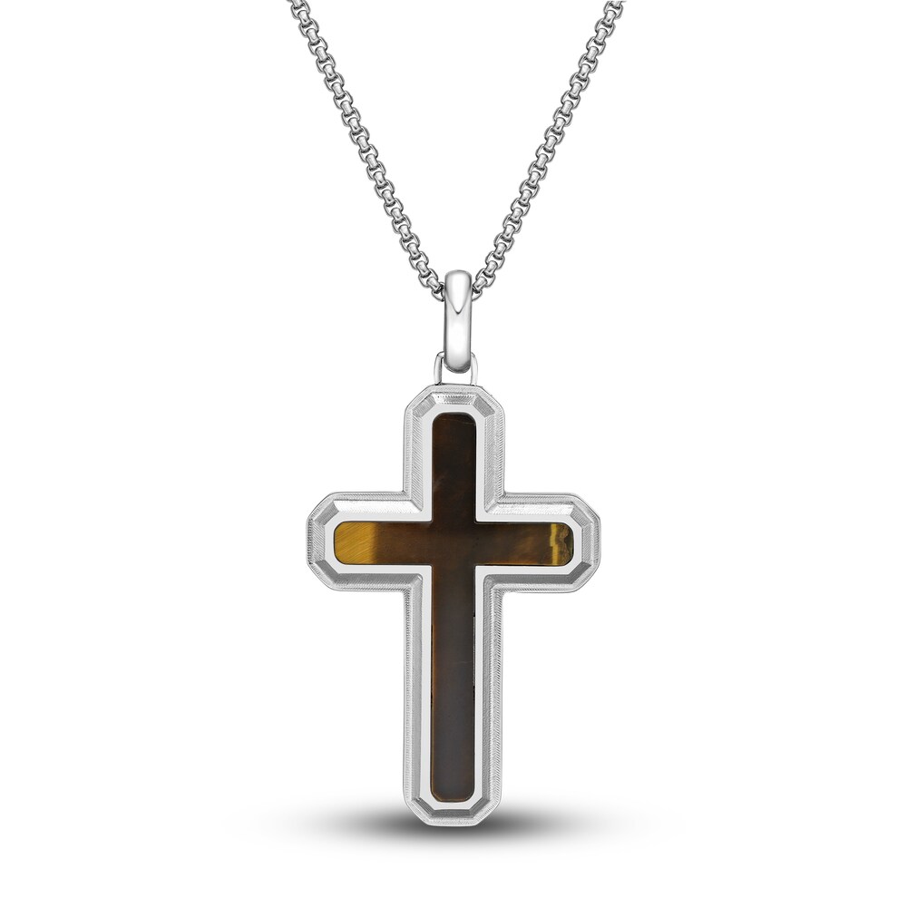 Men\'s Natural Tiger Eye Cross Pendant Necklace Stainless Steel 24\" l0hGdFwi