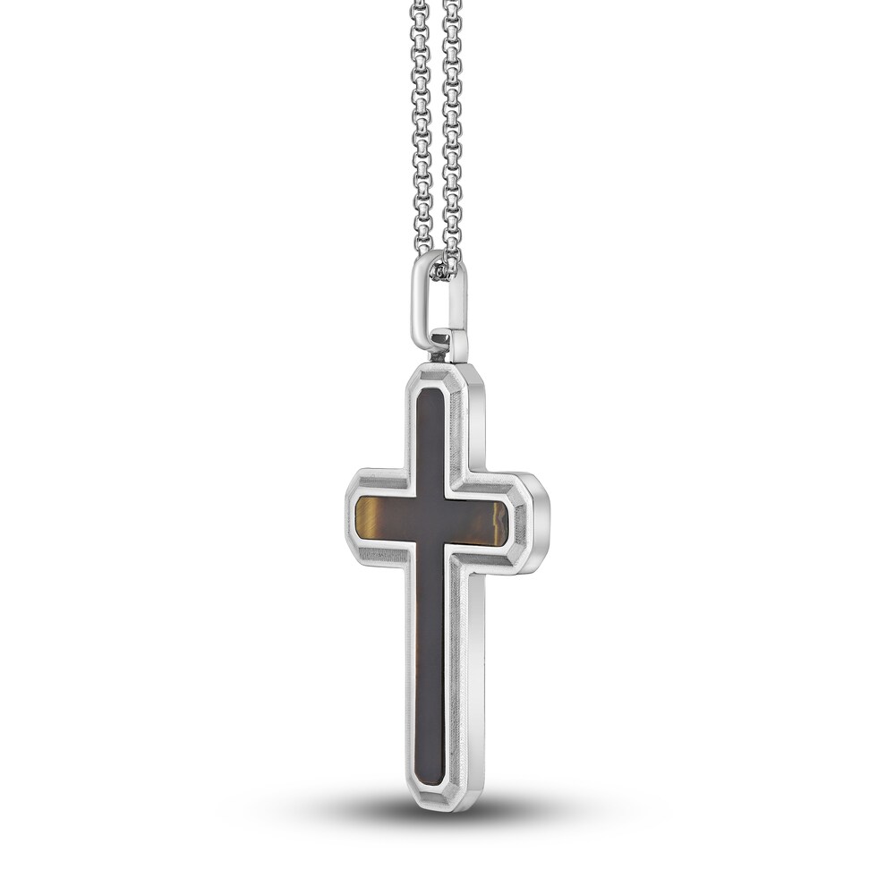 Men\'s Natural Tiger Eye Cross Pendant Necklace Stainless Steel 24\" l0hGdFwi