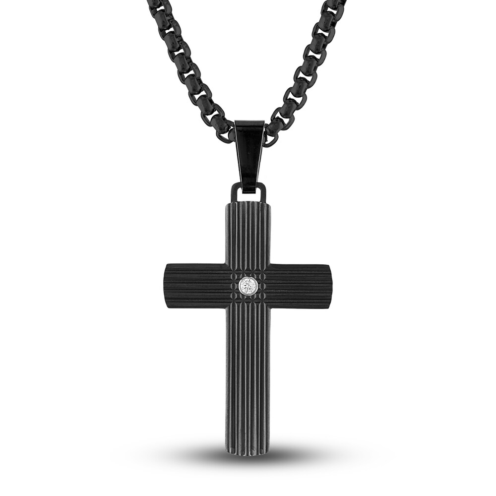 Men\'s Diamond Accent Cross Pendant Necklace 1/20 ct tw Round Black Titanium/Stainless Steel 22\" m5mgw4to