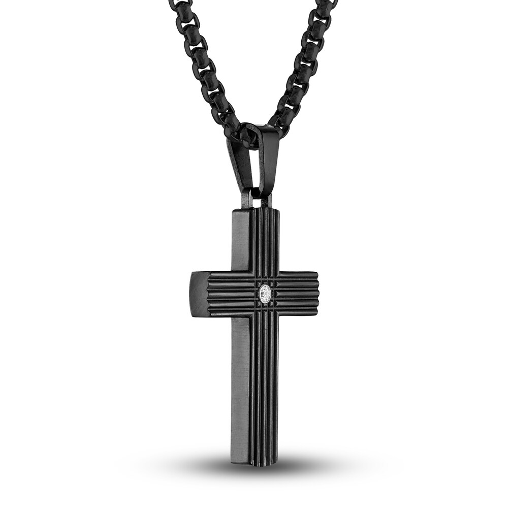 Men\'s Diamond Accent Cross Pendant Necklace 1/20 ct tw Round Black Titanium/Stainless Steel 22\" m5mgw4to