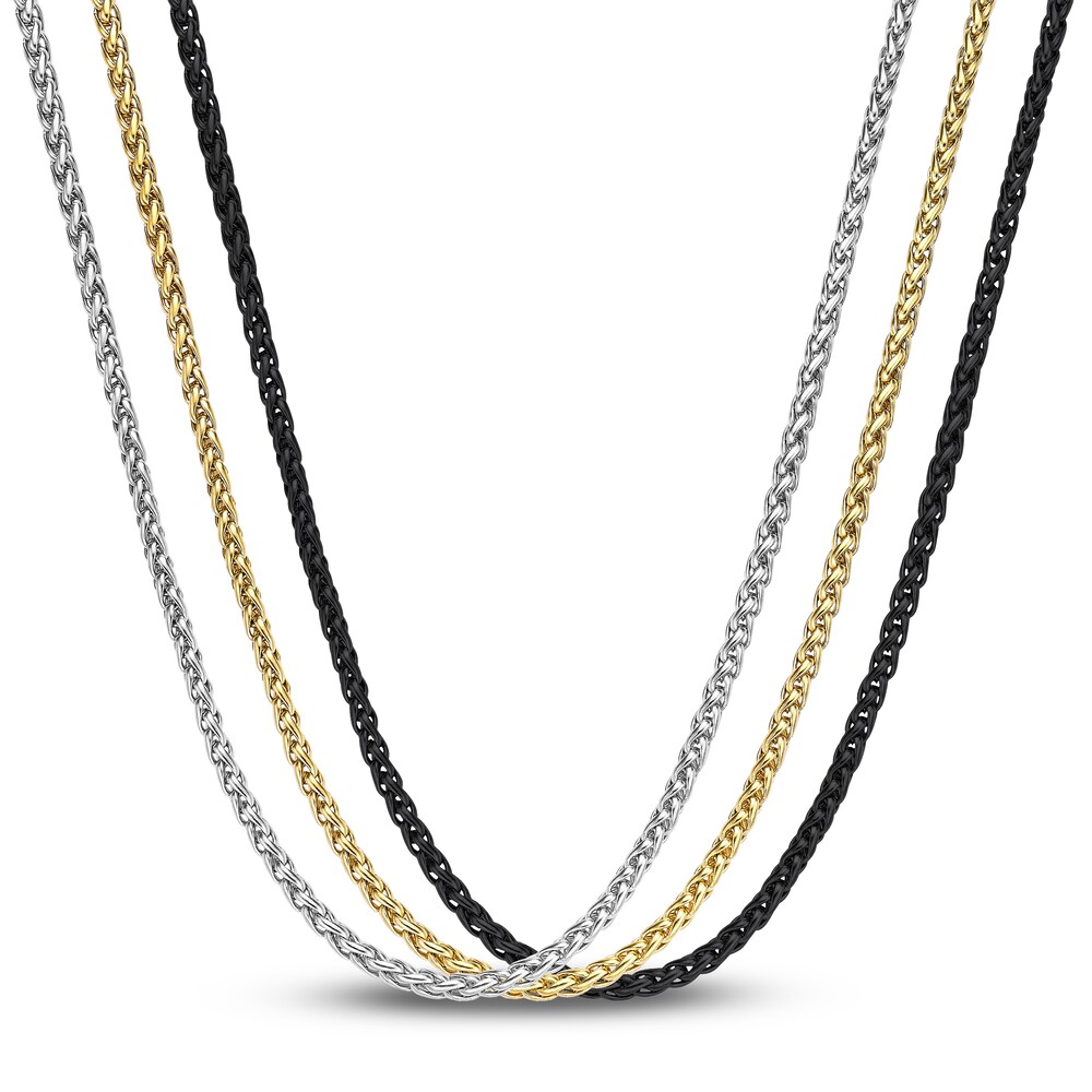 Men's Triple Wheat Chain Necklace Set Black/Yellow Ion-Plated Stainless Steel 22" mUYVLzgC
