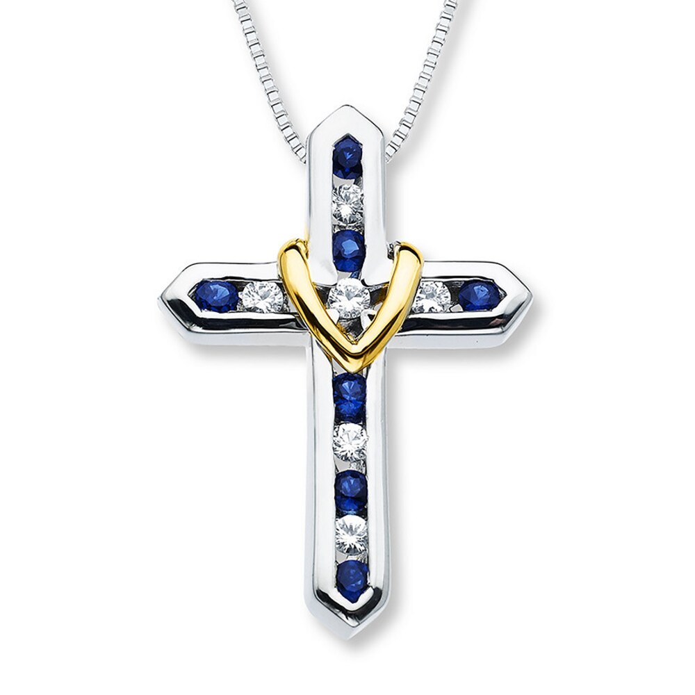 Cross Necklace Lab-Created Sapphire Sterling Silver/10K Gold n7bwOJME