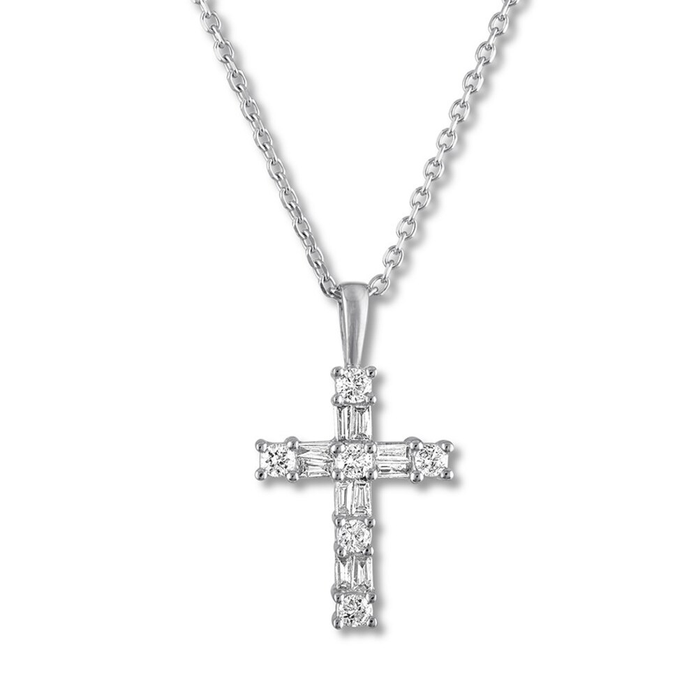 Diamond Cross Necklace 1/4 ct tw Round/Baguette 10K White Gold pLnlmrbK