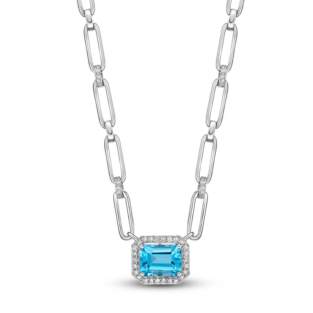 Natural Swiss Blue Topaz Paperclip Necklace 1/5 ct tw Diamonds Sterling Silver 18\" quJEi3xk