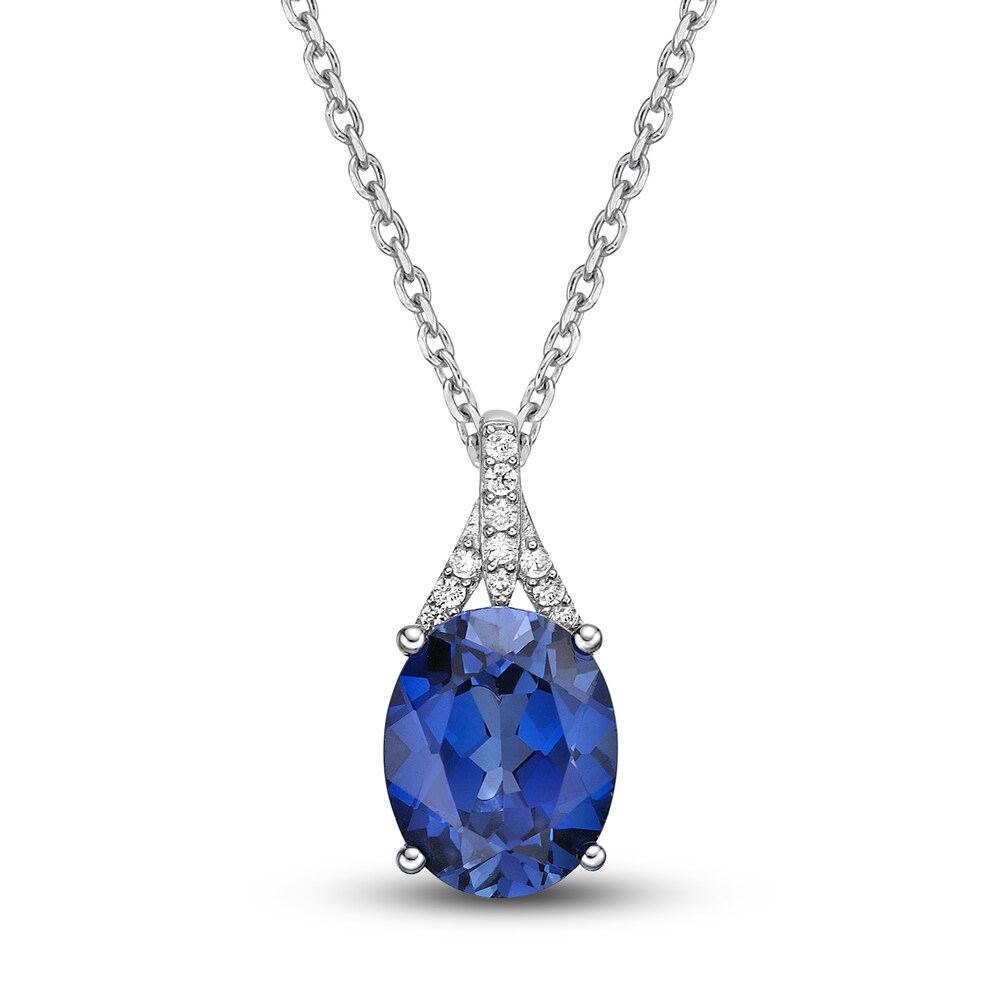 Lab-Created Ceylon Sapphire Pendant Necklace 1/8 ct tw Round 10K White Gold qv2fVFWB