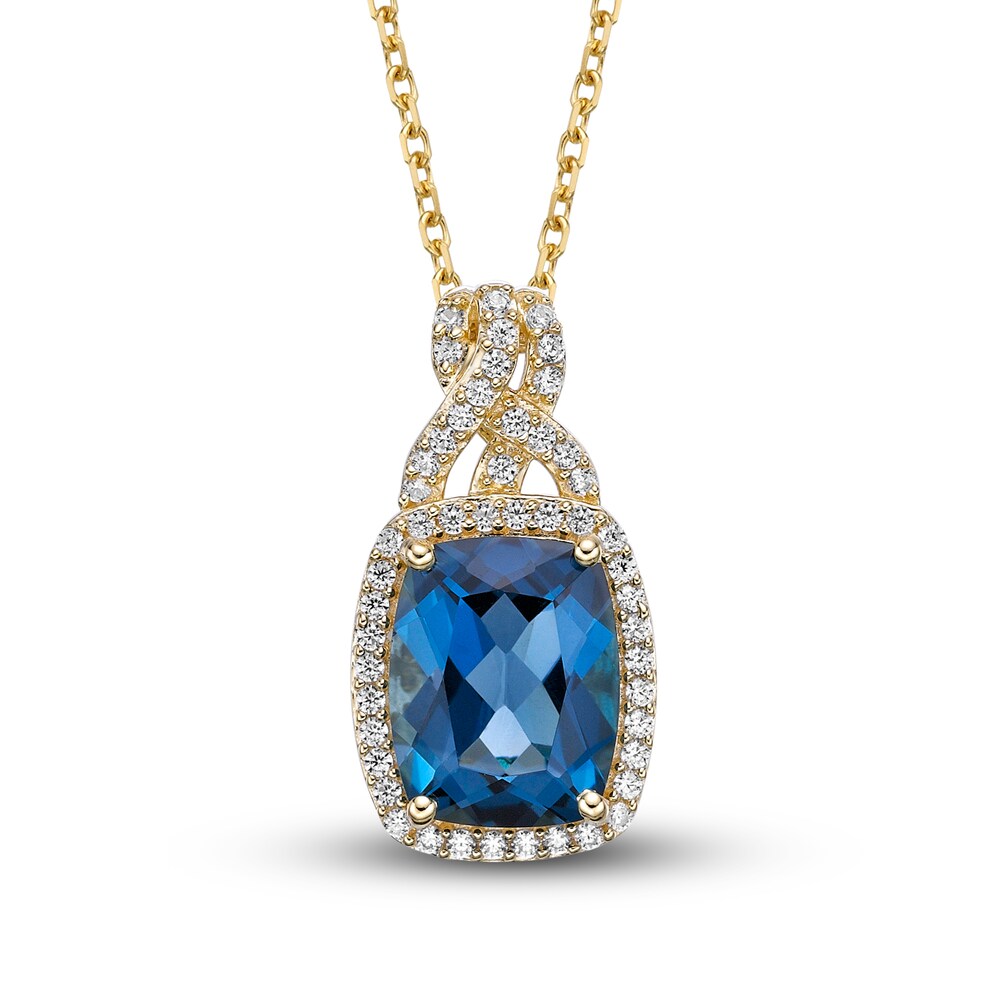 Natural London Blue Topaz Necklace 1/4 ct tw Diamonds 10K Yellow Gold 18" rceFjmdN