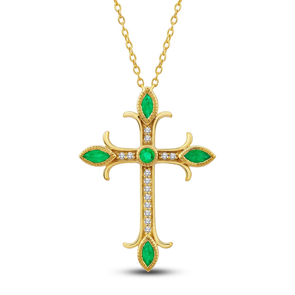 Natural Emerald Cross Pendant Necklace 1/10 ct tw Diamonds 14K Yellow Gold s1qftgnT [s1qftgnT]