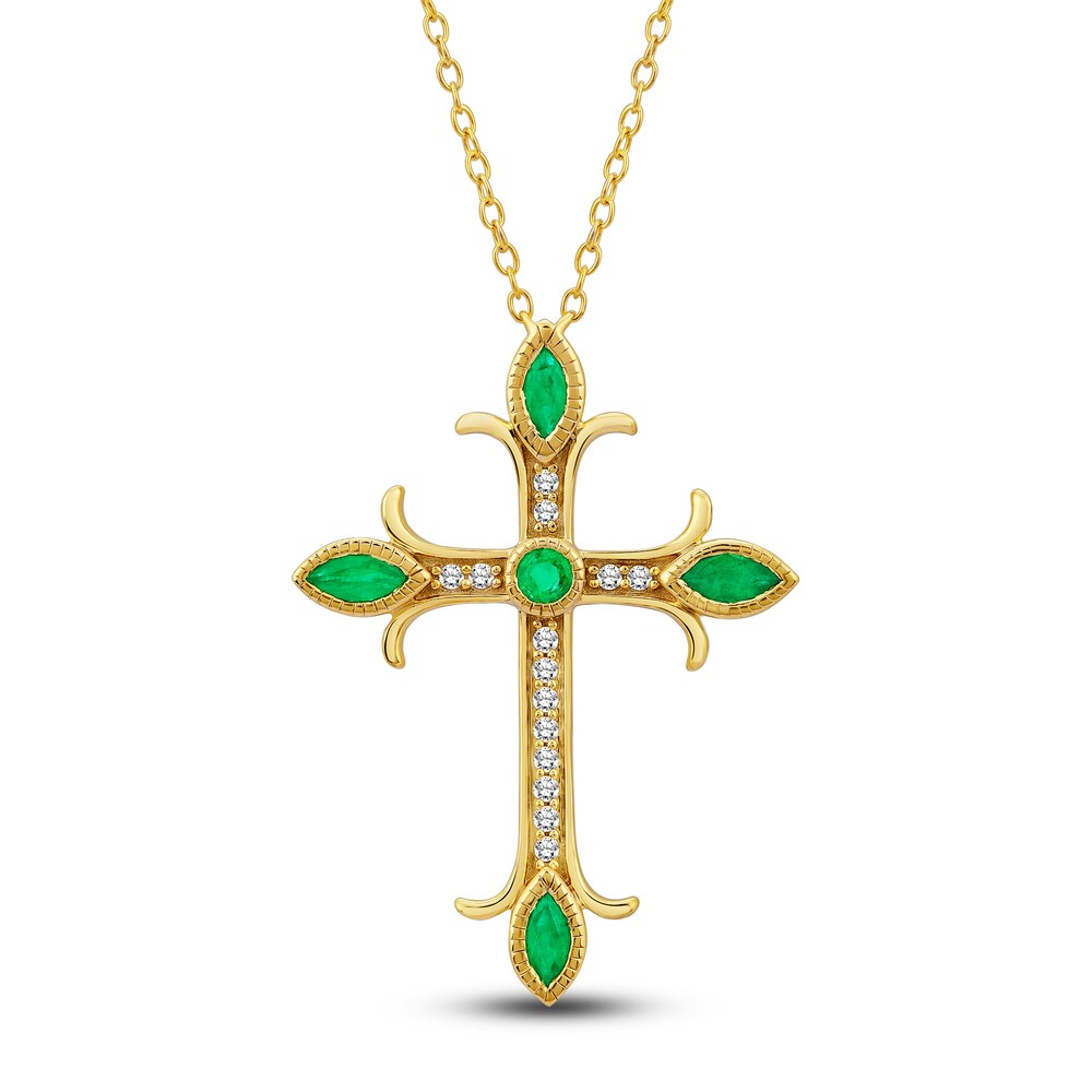 Natural Emerald Cross Pendant Necklace 1/10 ct tw Diamonds 14K Yellow Gold s1qftgnT