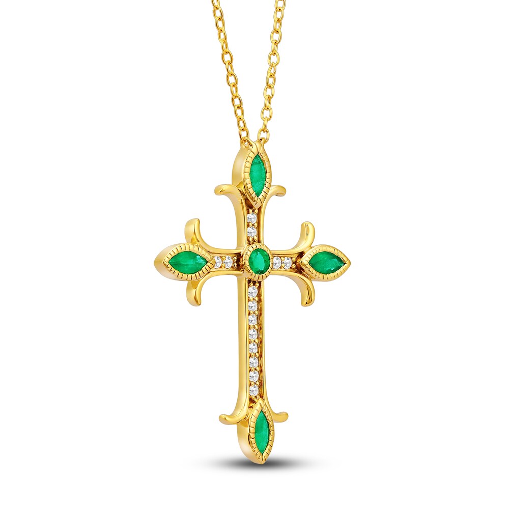 Natural Emerald Cross Pendant Necklace 1/10 ct tw Diamonds 14K Yellow Gold s1qftgnT