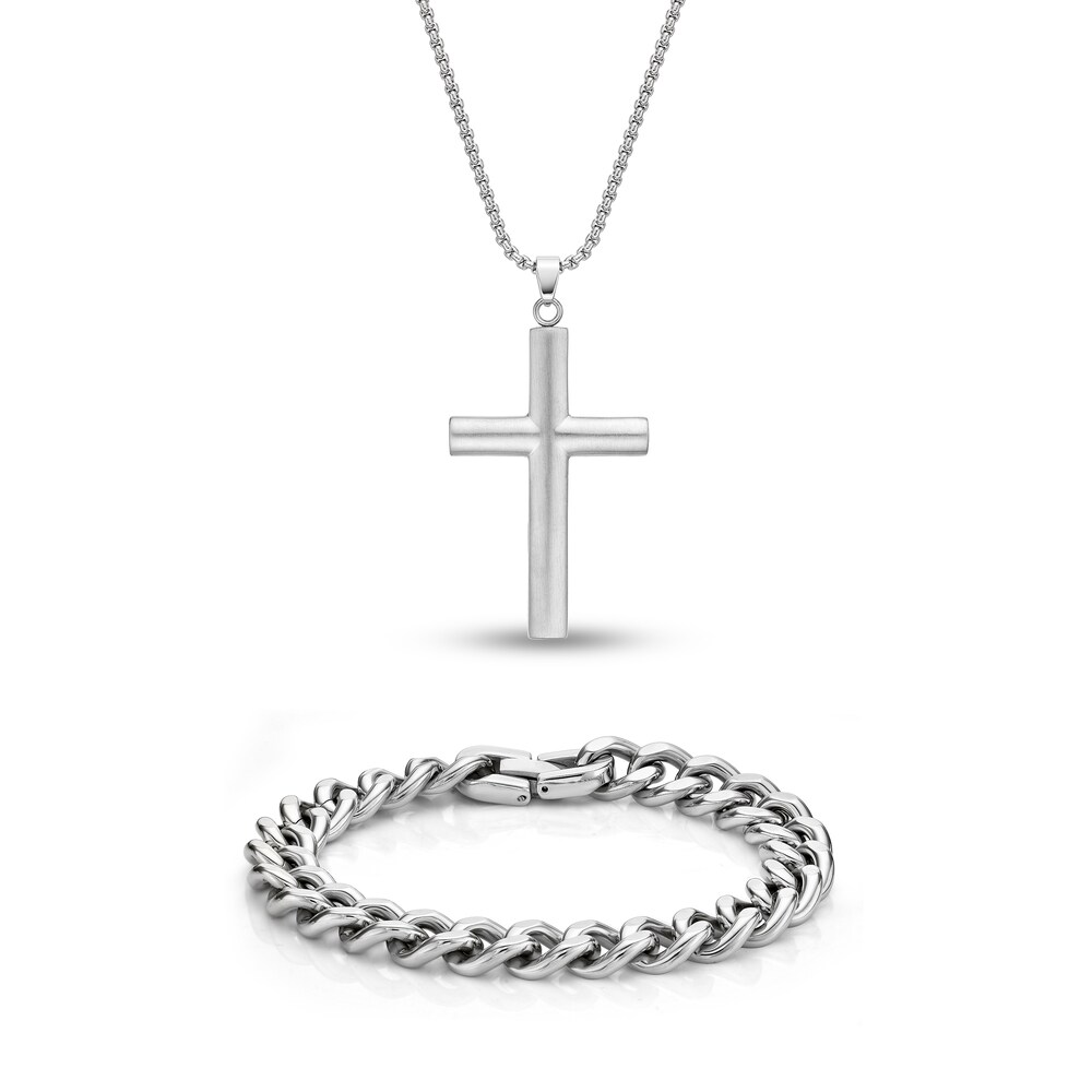 Men's Cross Necklace & Bracelet Set Stainless Steel syzI4BnA