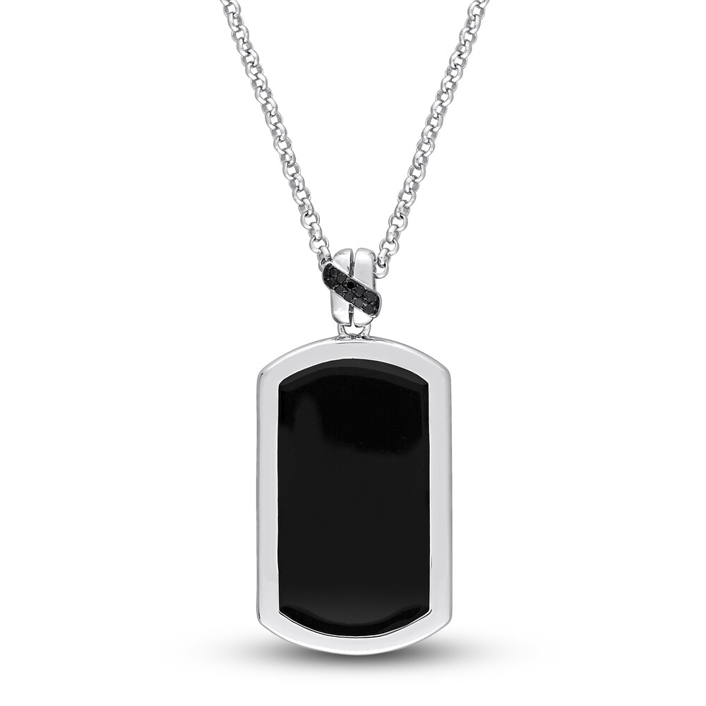 Men's Y-Knot Black Enamel Diamond Dog Tag Necklace 1/20 ct tw Round Sterling Silver 22" tXIRYnom