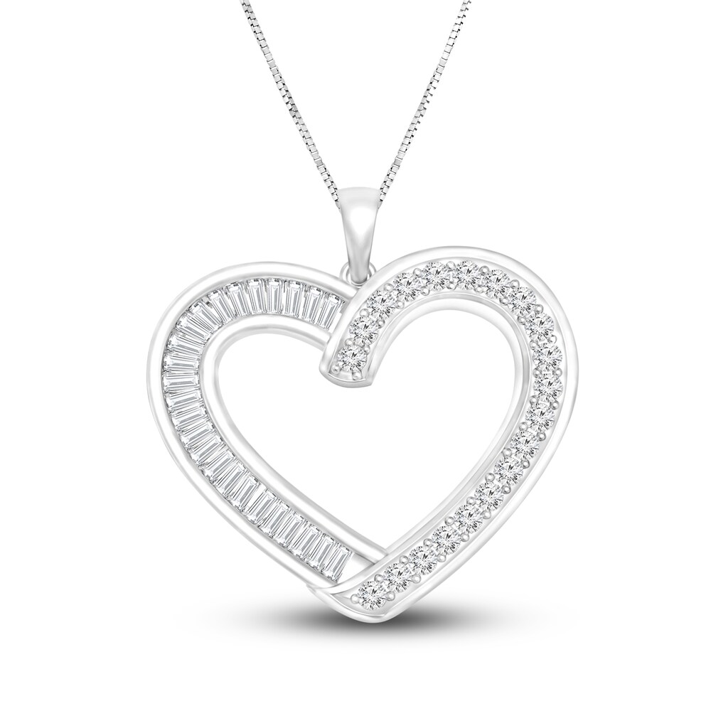 Diamond Heart Pendant Necklace 1/2 ct tw Round/Baguette 14K White Gold 18" vRGP4CUn