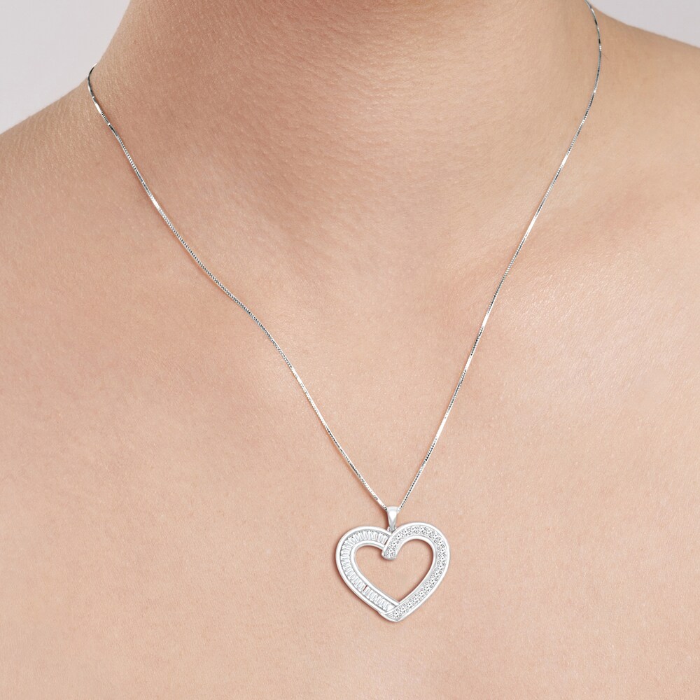 Diamond Heart Pendant Necklace 1/2 ct tw Round/Baguette 14K White Gold 18\" vRGP4CUn