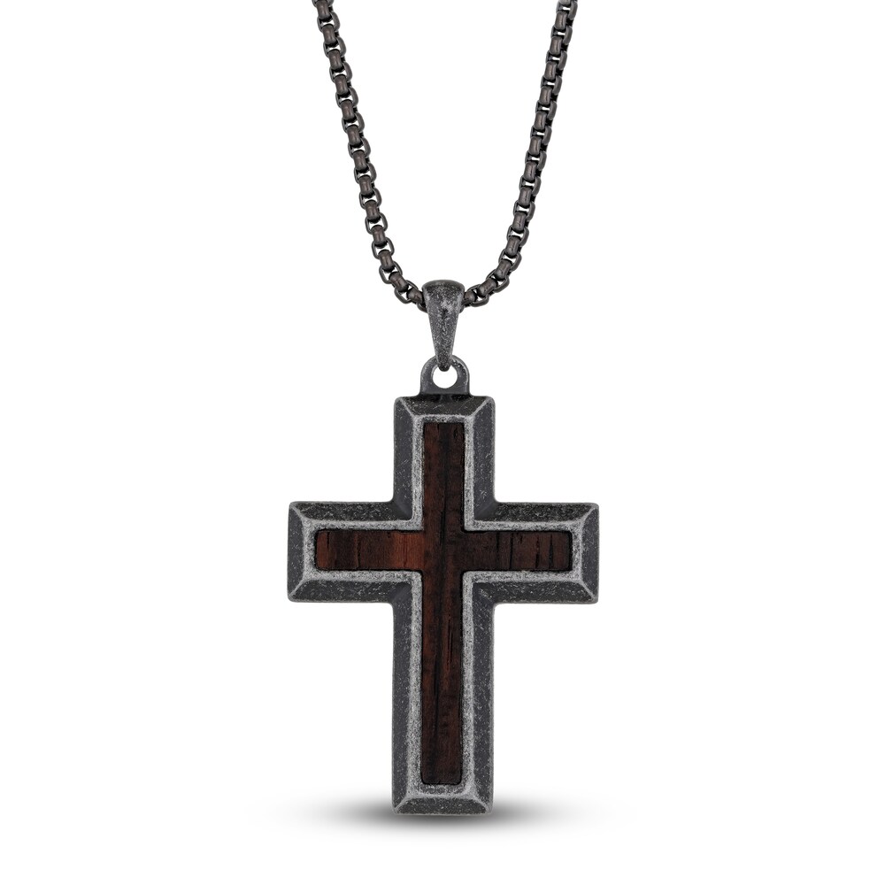 Men's Black Wooden Cross Pendant Necklace Stainless Steel 24" w8KZW0V2