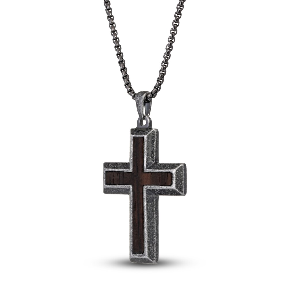 Men\'s Black Wooden Cross Pendant Necklace Stainless Steel 24\" w8KZW0V2
