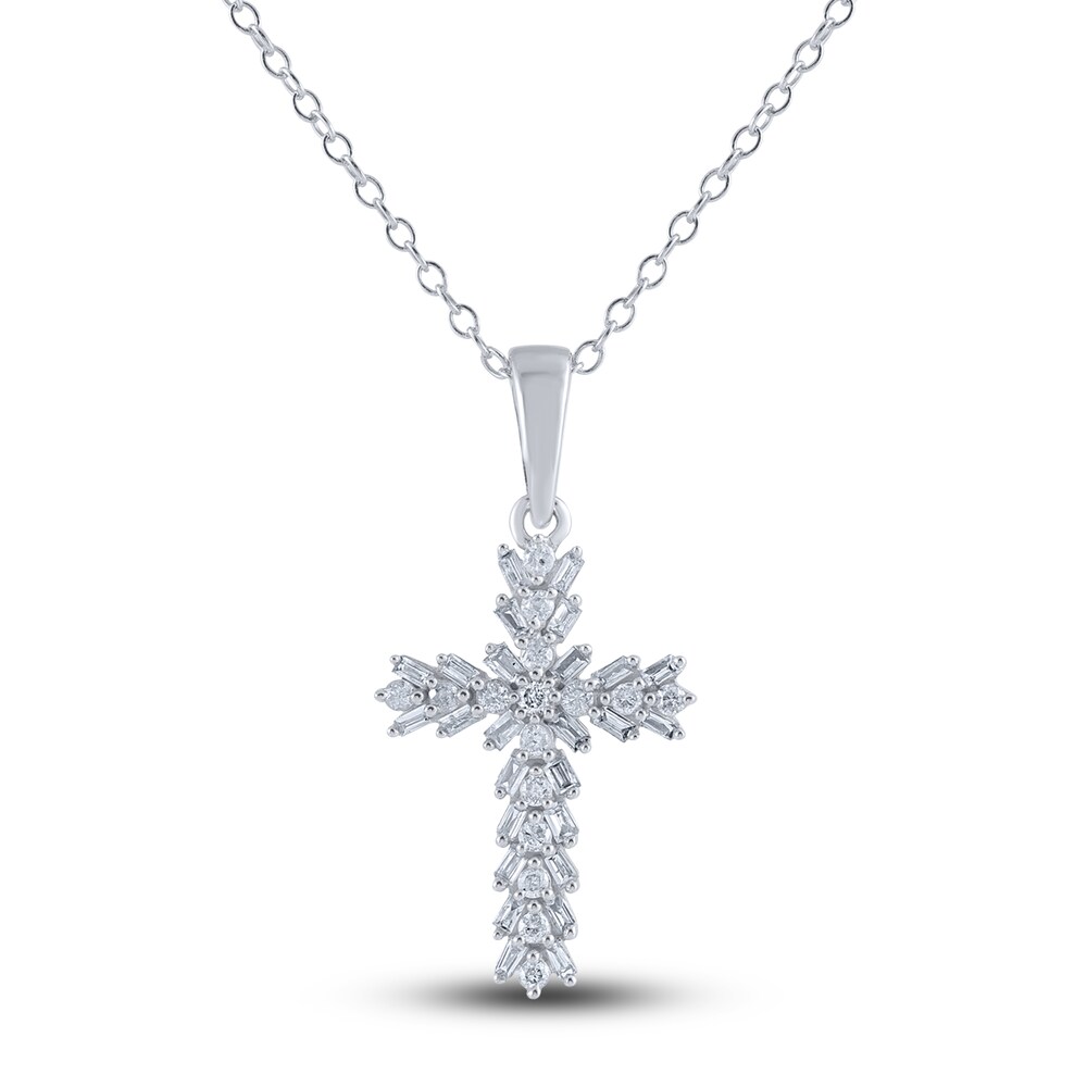 Diamond Cross Pendant Necklace 1/4 ct tw Round/Baguette 14K White Gold 18" x7MewT1Z