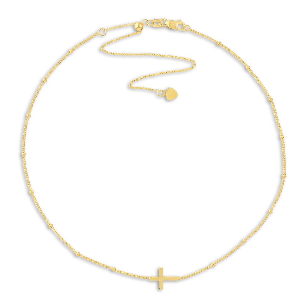 Sideways Cross Choker Necklace 14K Yellow Gold 15\" Adj. xPVoTwZ8 [xPVoTwZ8]