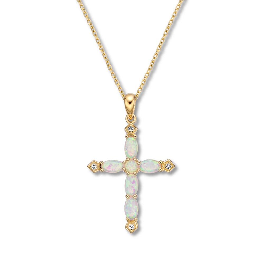 Lab-Created Opal Cross Necklace Lab-Created Sapphires 10K Yellow Gold xjR3AEaQ [xjR3AEaQ]