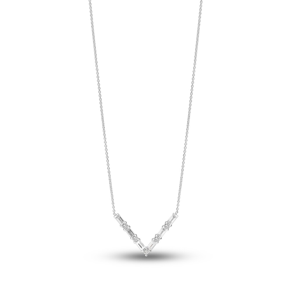 Diamond V Necklace 1/3 ct tw Round/Baguette 14K White Gold 16" yVBVZ3Fj