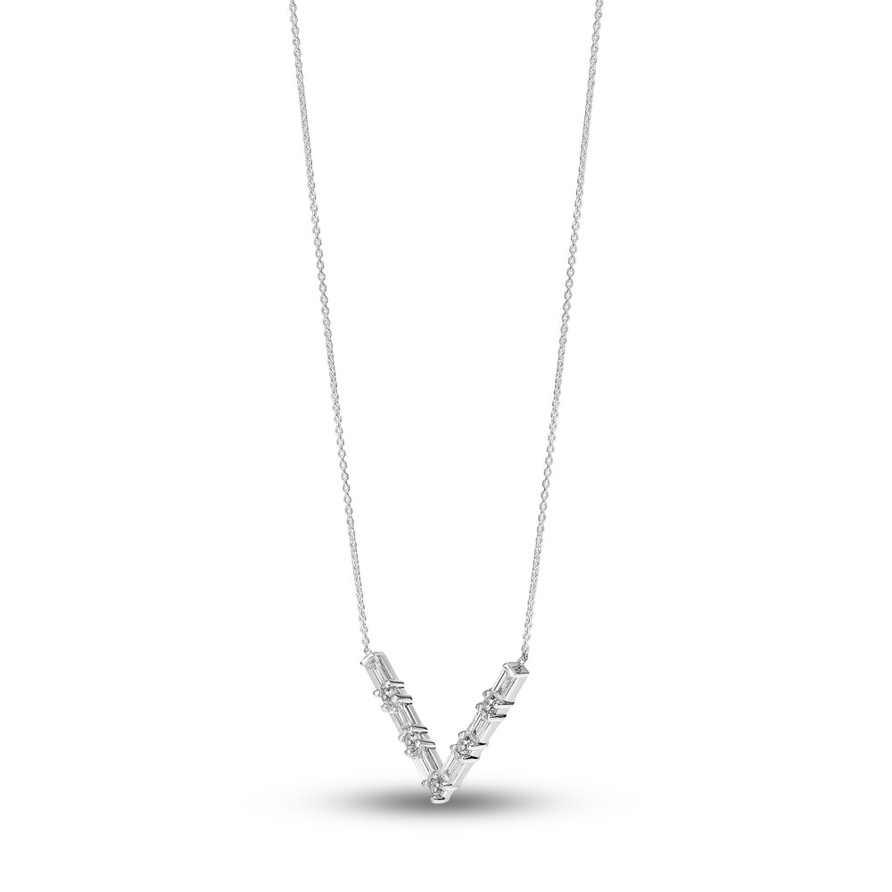 Diamond V Necklace 1/3 ct tw Round/Baguette 14K White Gold 16\" yVBVZ3Fj