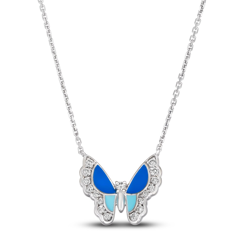 Le Vian Diamond Butterfly Pendant Necklace 1/4 ct tw Round Blue/Turquoise Enamel 14K Vanilla Gold 19" yorRa0pg