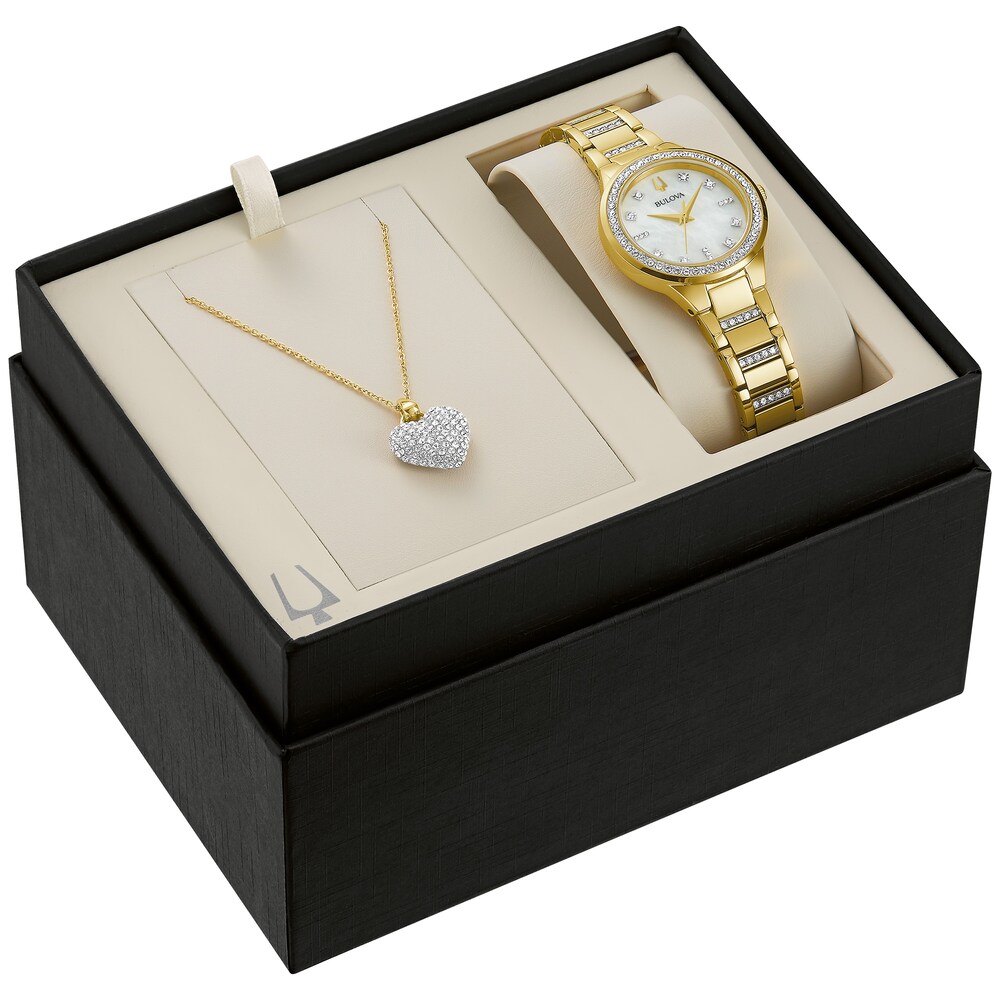 Bulova Crystal Women's Watch with Heart Pendant Gift Set 98X129 5xMsk6NK