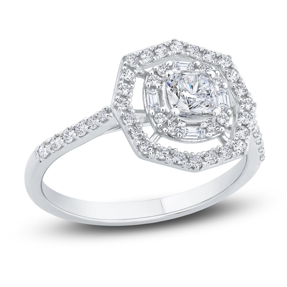 Diamond Engagement Ring 3/4 ct tw Cushion, Baguette & Round 14K White Gold 68Odqklp