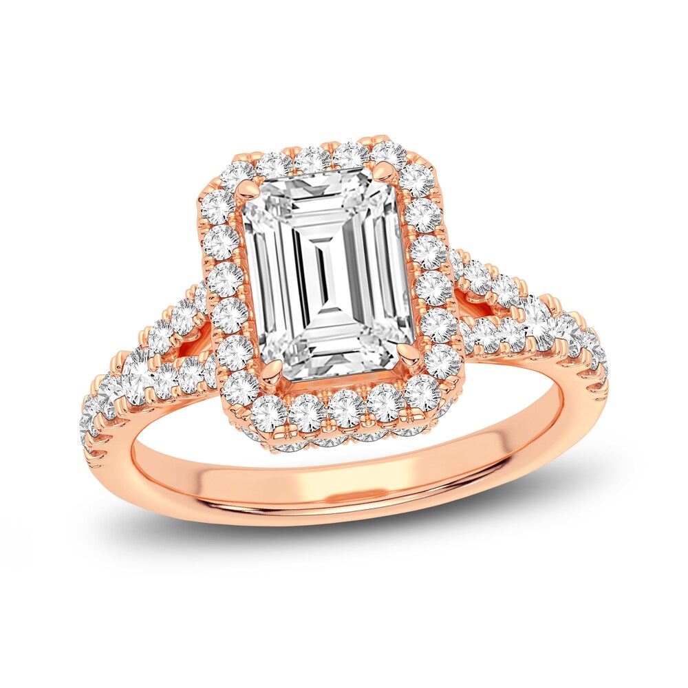 Lab-Created Diamond Engagement Ring 2-3/4 ct tw Emerald/Round 14K Rose Gold 69AQlLO4